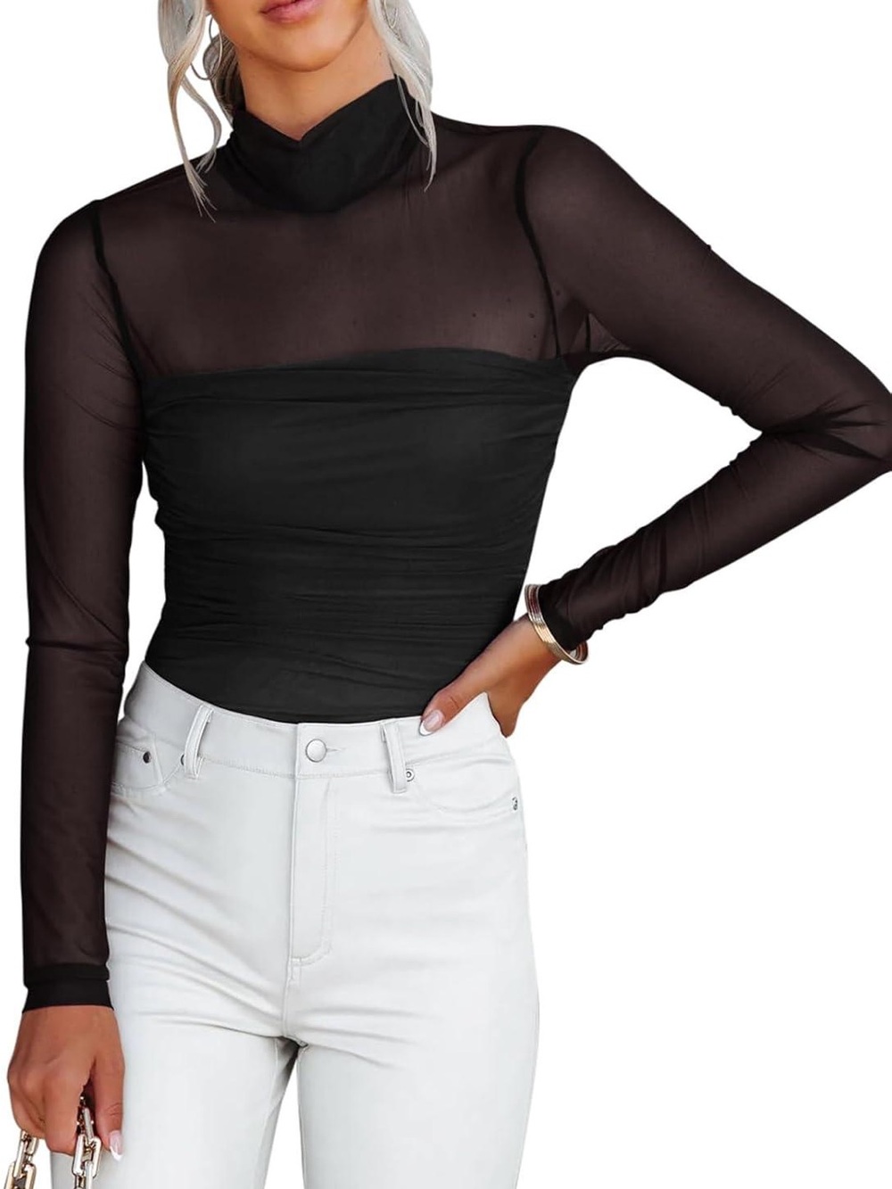 Reoria Veil of Night Ruched Sheer Turtleneck Bodysuit - Picture 4 of 11